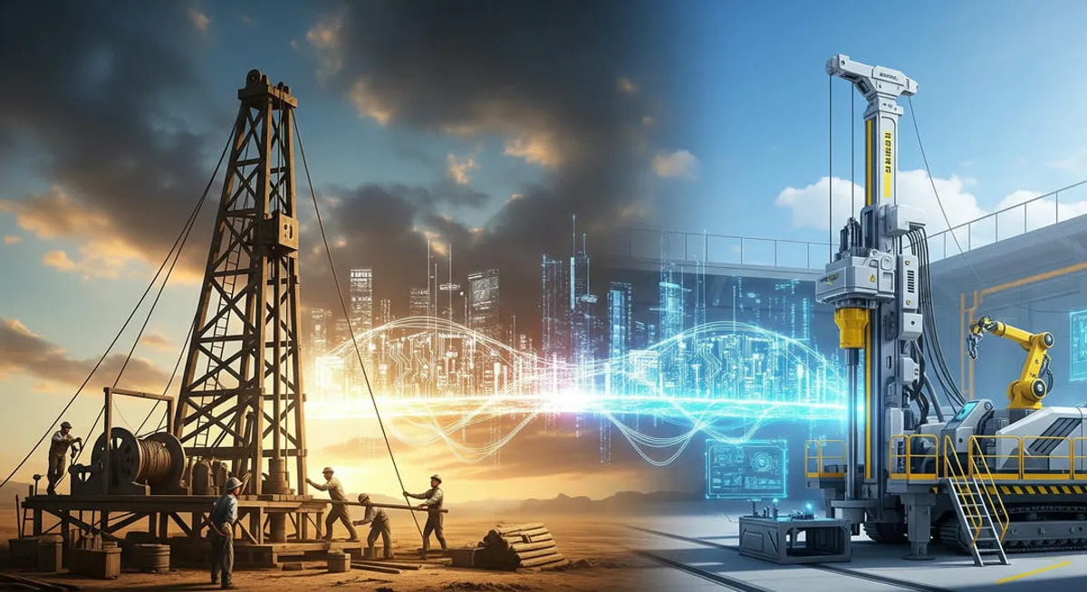 The evolution of drilling, showcasing the transition from manual cable-tool drilling in the 19th century to modern, automated rotary technology
