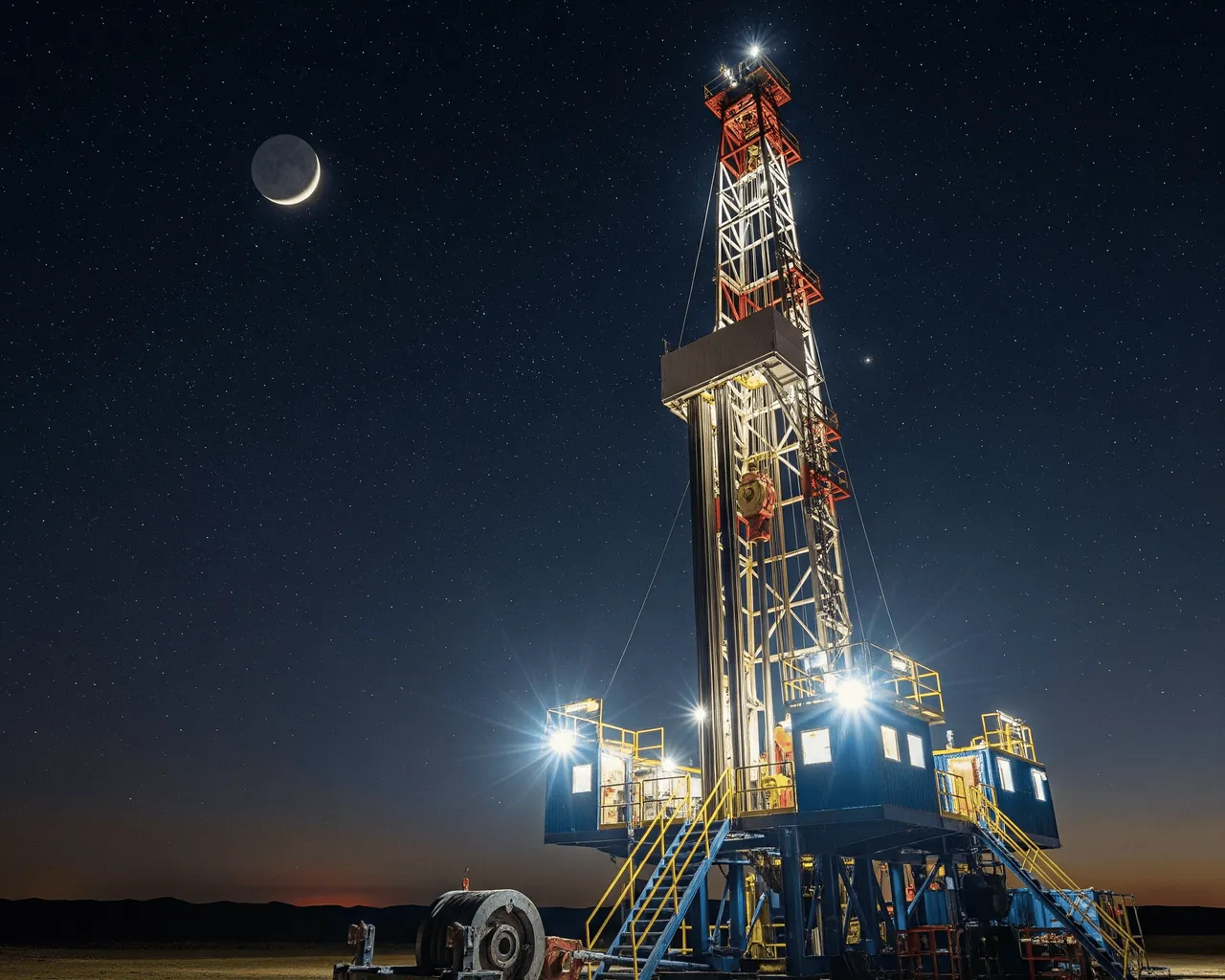 Impressive tower of drilling at night under a starry sky