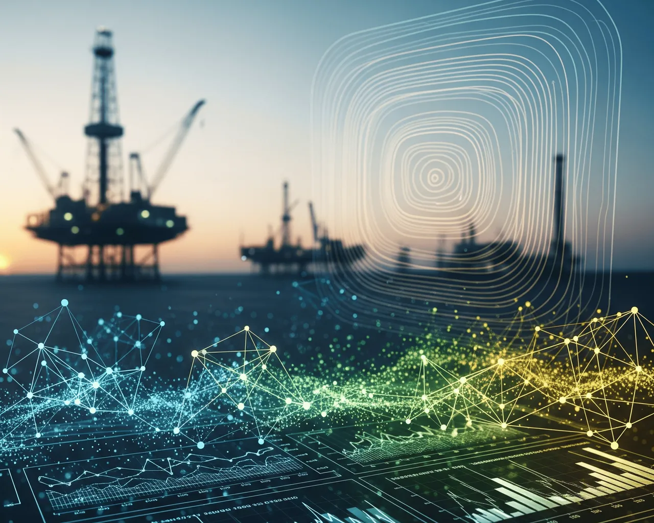 Graphs and digital data shine over a marine platform at sunset
