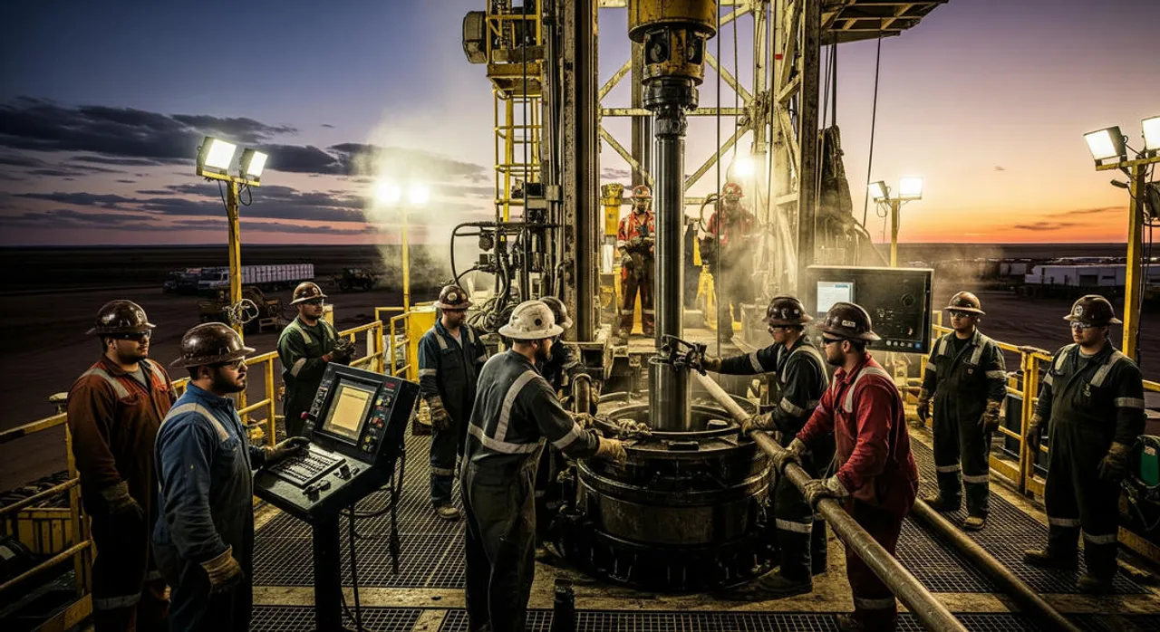 The image captures the energy and teamwork of the rig crew