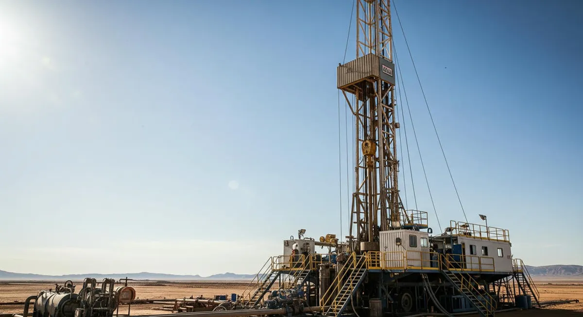Drilling rig in a vast, arid landscape, highlighting its imposing structure