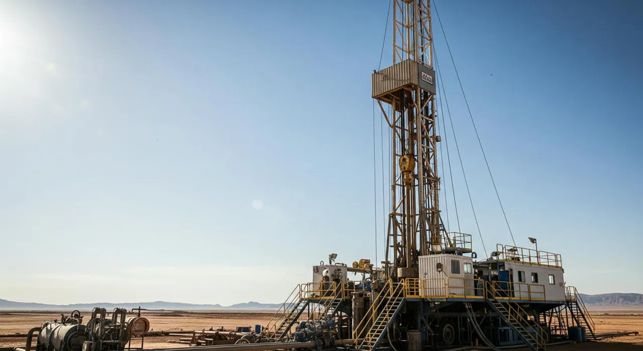 Drilling rig in a vast, arid landscape, highlighting its imposing structure