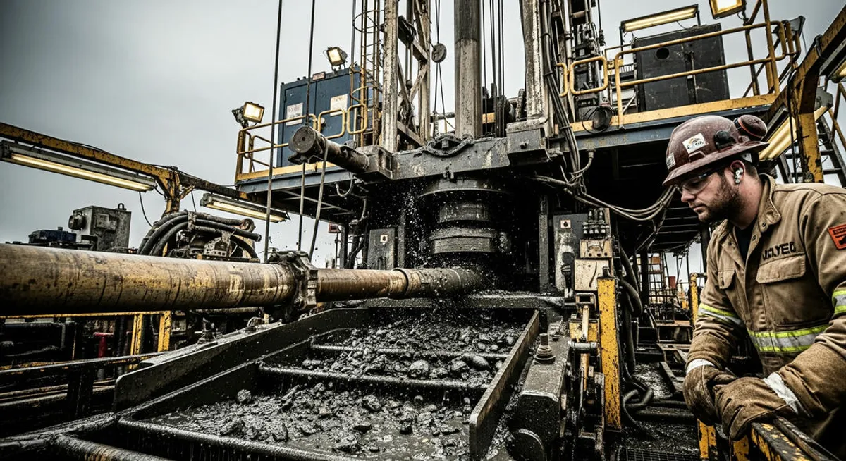 Mud engineer at the shale shaker area, with a realistic view of the industrial environment of a drilling rig