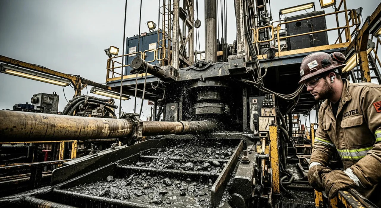 Mud engineer at the shale shaker area, with a realistic view of the industrial environment of a drilling rig