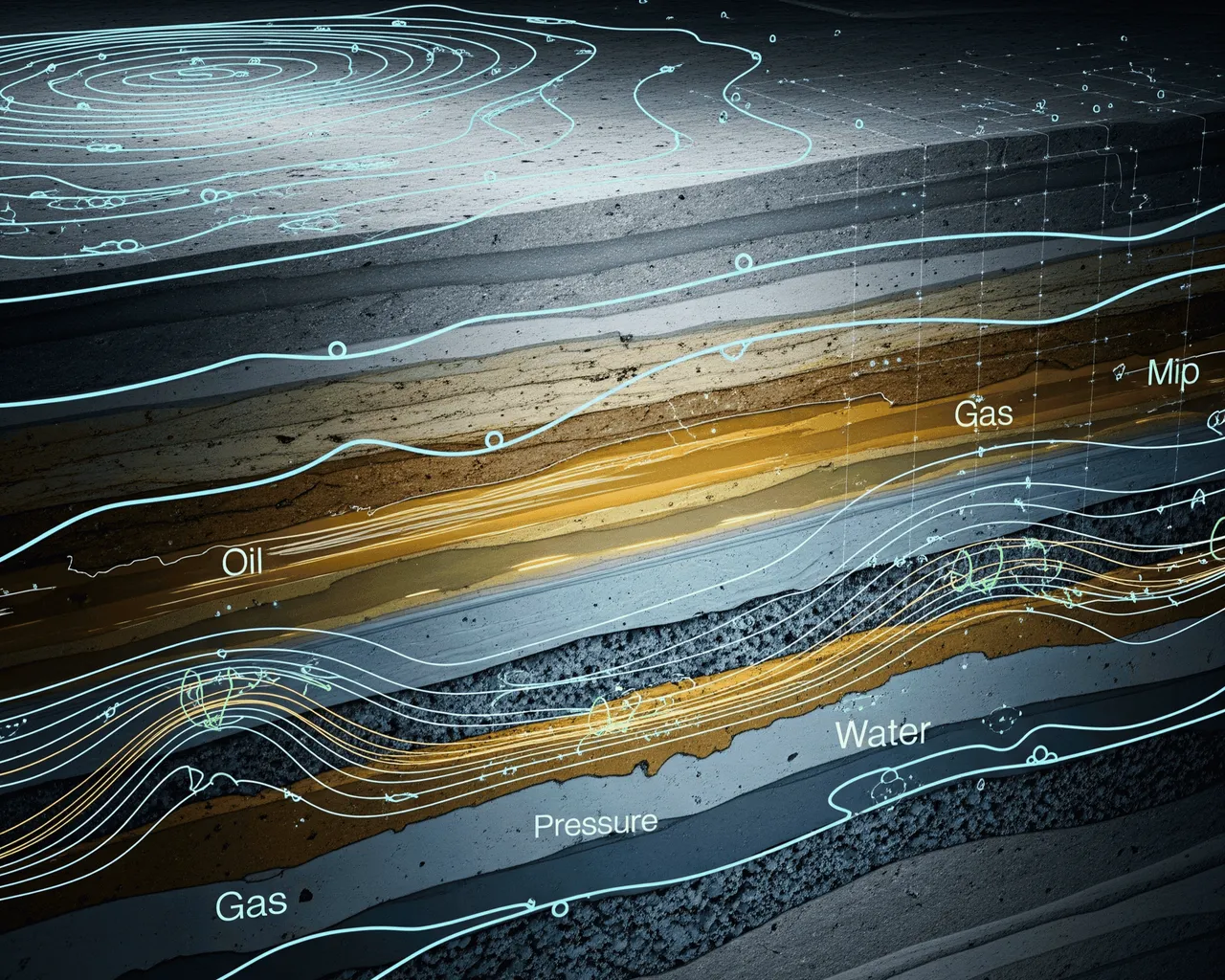 Reservoir layers with flow and pressure data superimposed