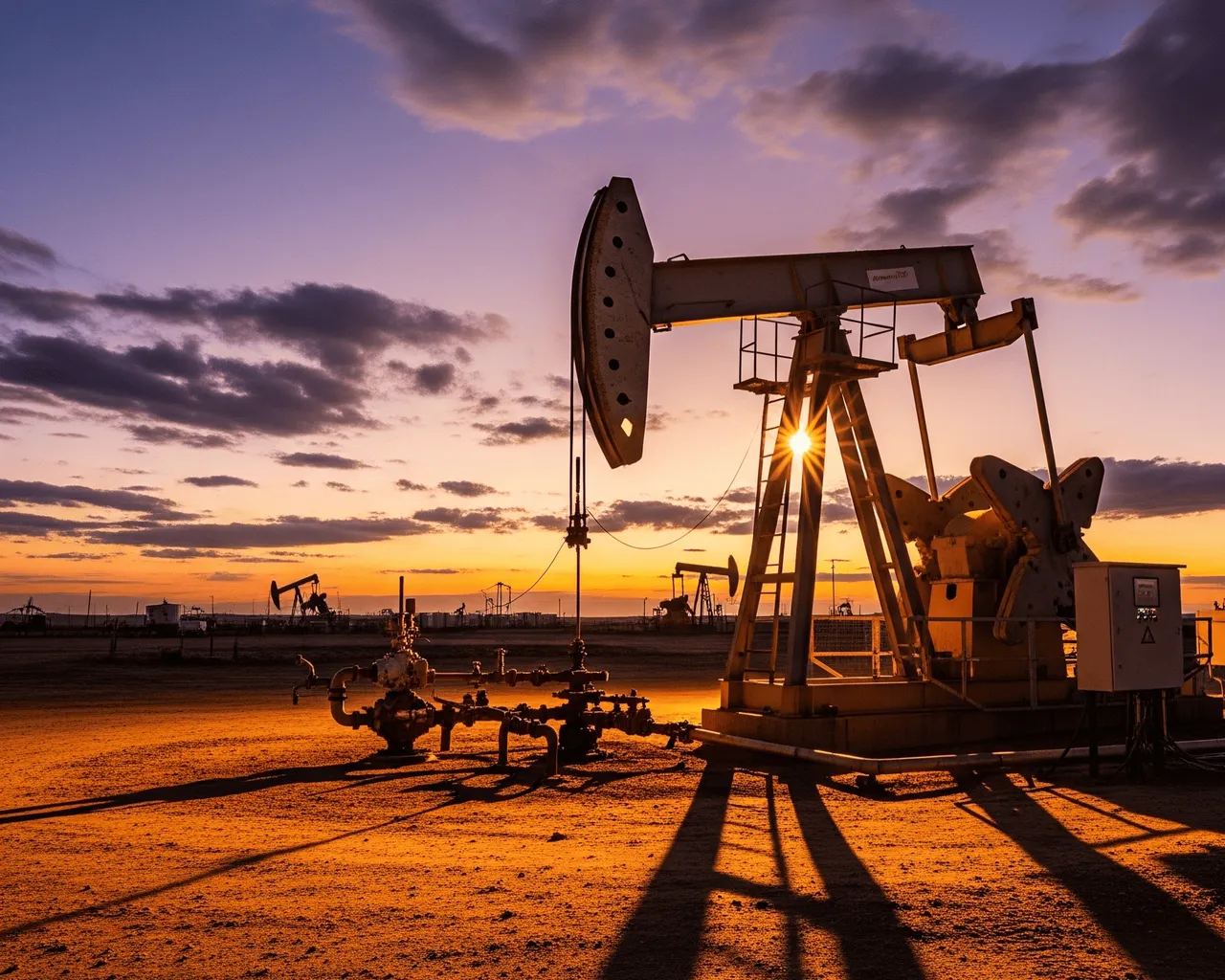 A pumpjack in an oil field at sunset