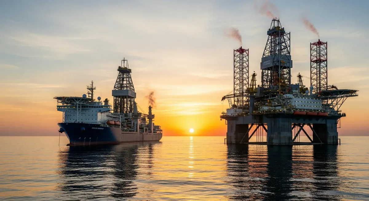 Two illustrations of the most advanced platforms, the drillship and semi-submersible, in deep waters during sunrise
