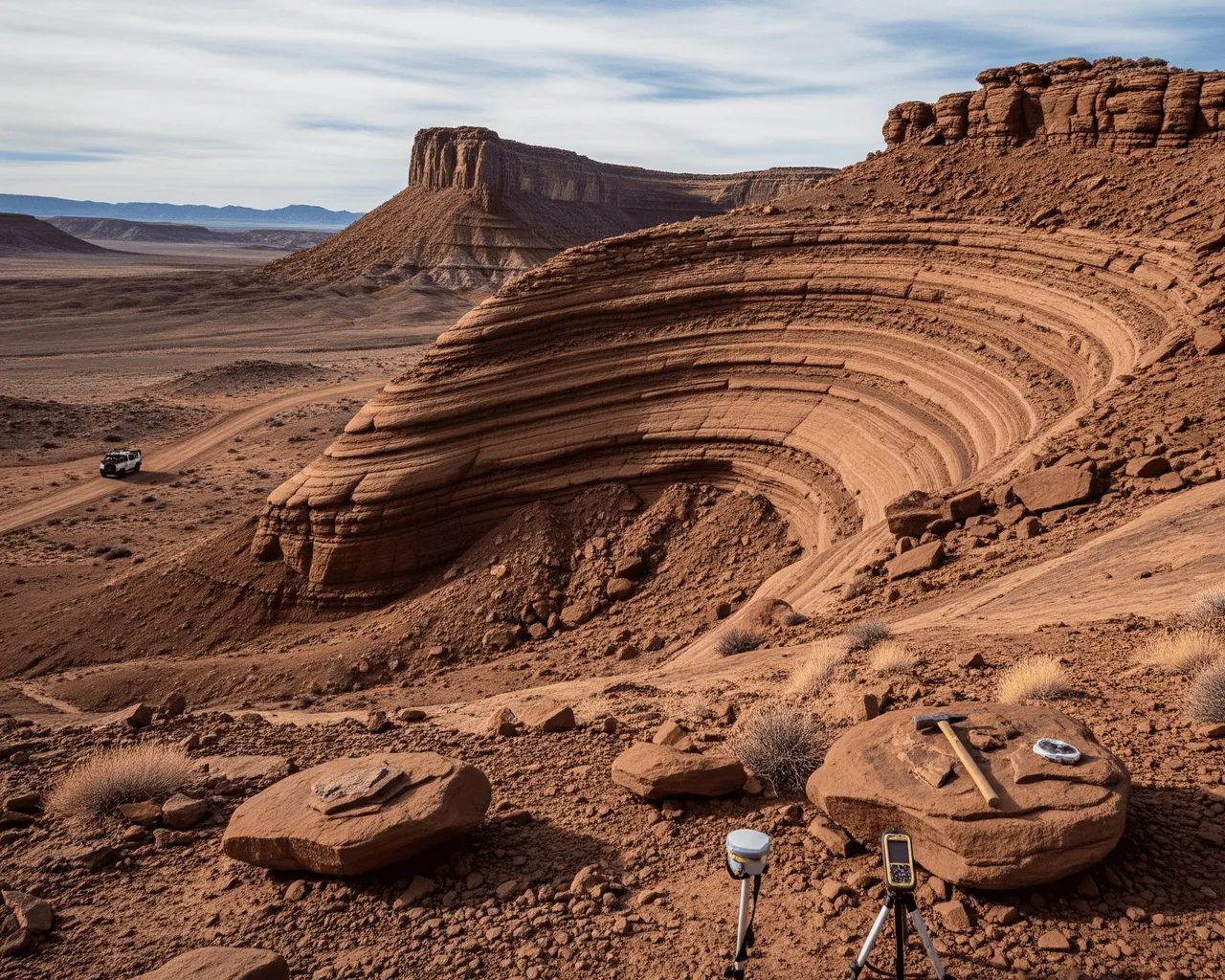 A desert landscape with folded geological formations and study equipment