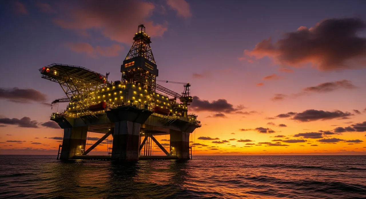 Illustration of a semi-submersible drilling platform at sunset, viewed from a low angle to emphasize its scale