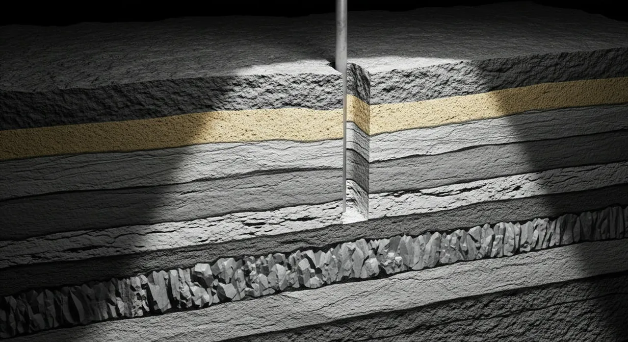 Illustration of sedimentary rock layers with a visible drilling well, representing the dialogue between geology and engineering