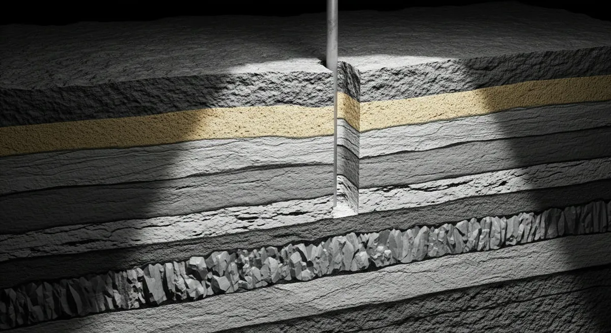 Illustration of sedimentary rock layers with a visible drilling well, representing the dialogue between geology and engineering