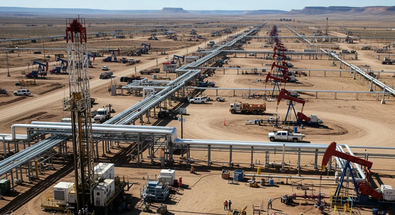 Oilfields with multiple wells, from exploratory to development, in an arid landscape, connected by a pipeline network