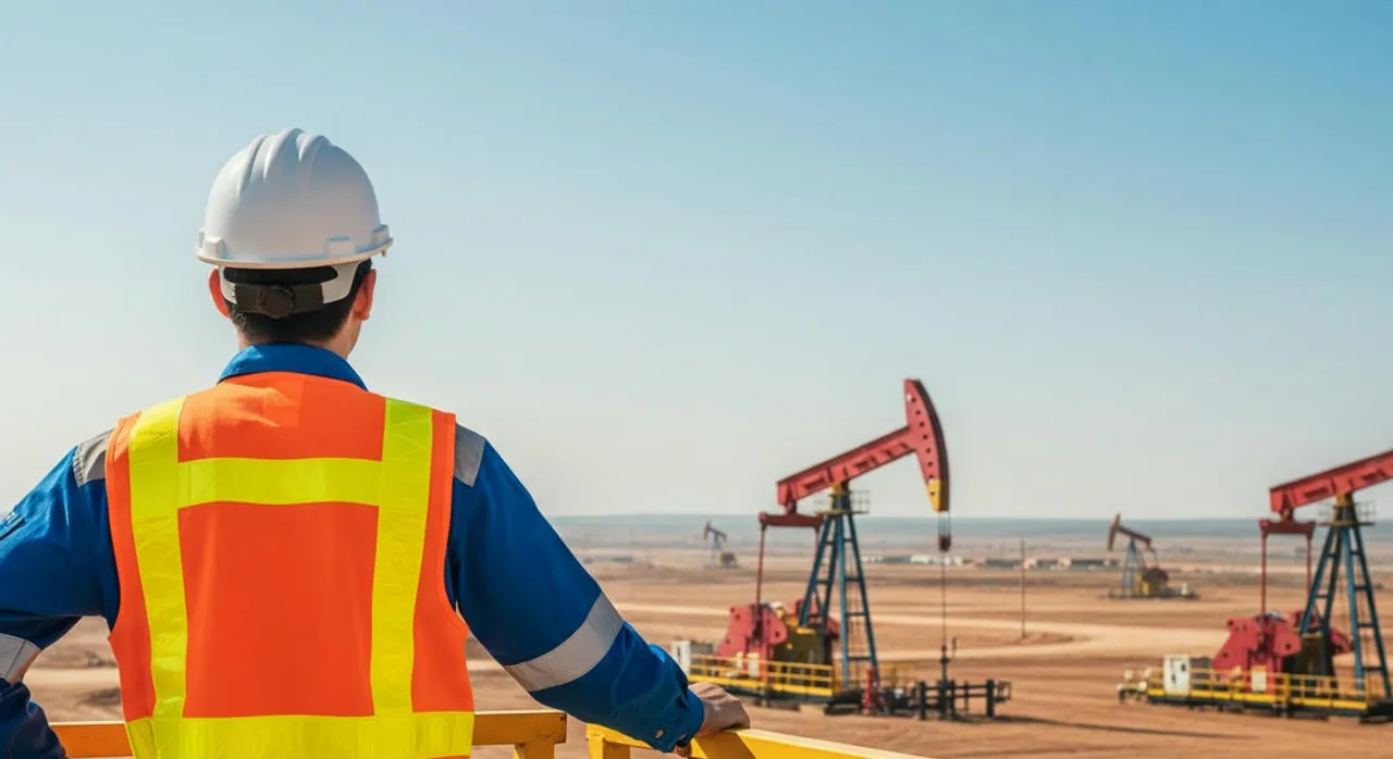 An engineer overlooking a vast oilfield, observing multiple drilling rigs