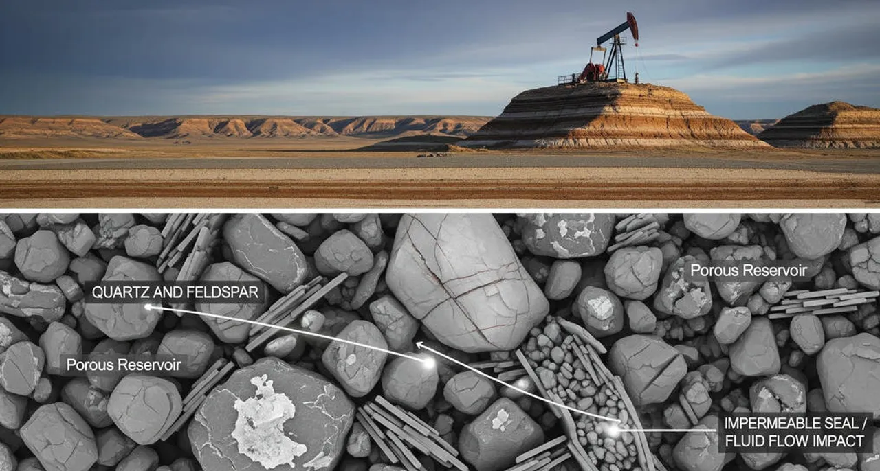 Microscopic view of quartz and clay minerals