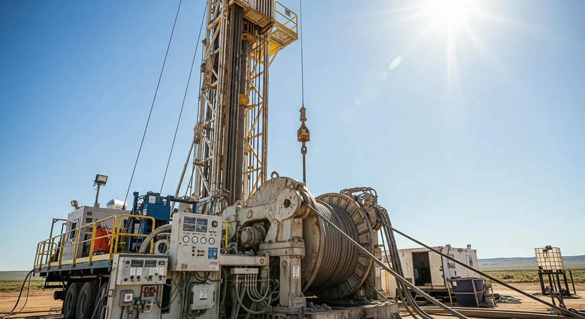 Drilling tools and towers of a land rig, highlighting the mast and drawworks in an arid environment
