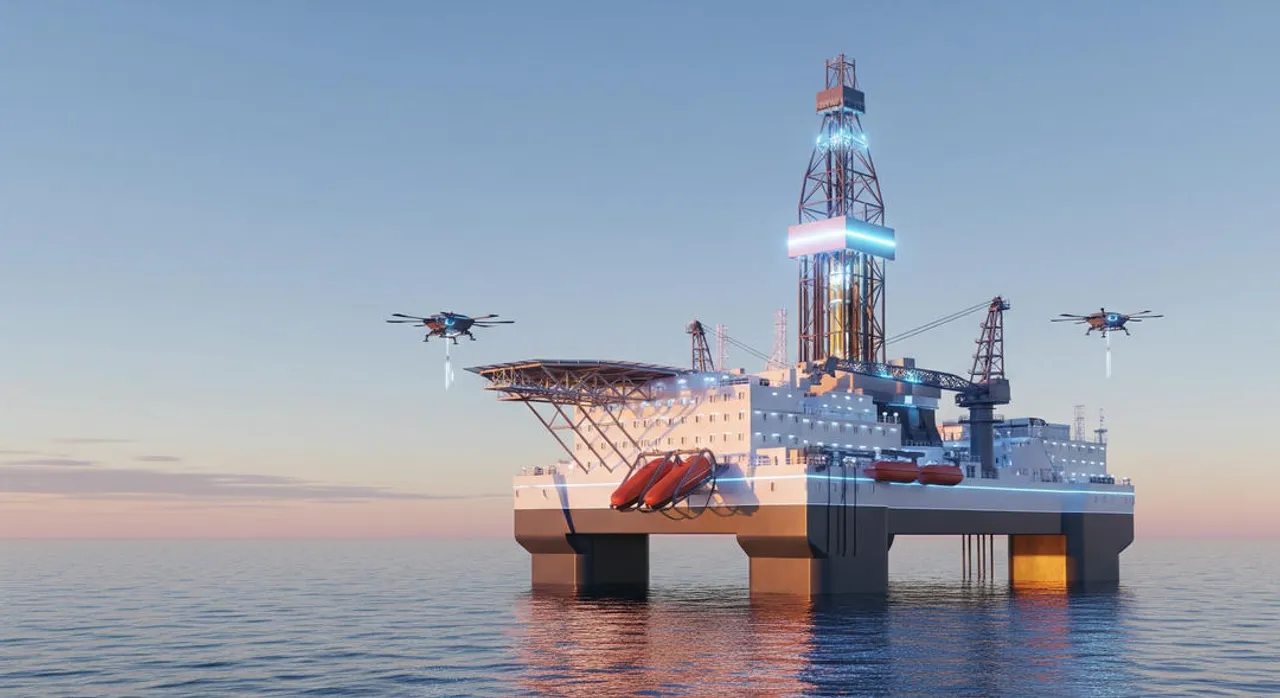 Illustration of an offshore drilling platform, showcasing its components and connection to the seabed in calm waters