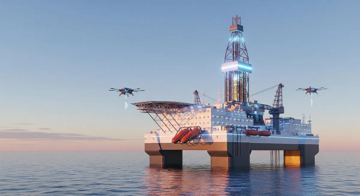 Illustration of an offshore drilling platform, showcasing its components and connection to the seabed in calm waters